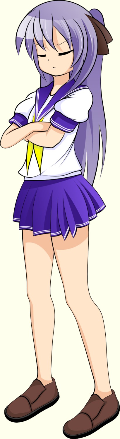 1girl closed_eyes crossed_arms frown game_sprite hiiragi_kagami long_hair /ls/ lucky_star purple_hair school_uniform serafuku shoes simple_background skirt solo transparent_background tsundere twintails