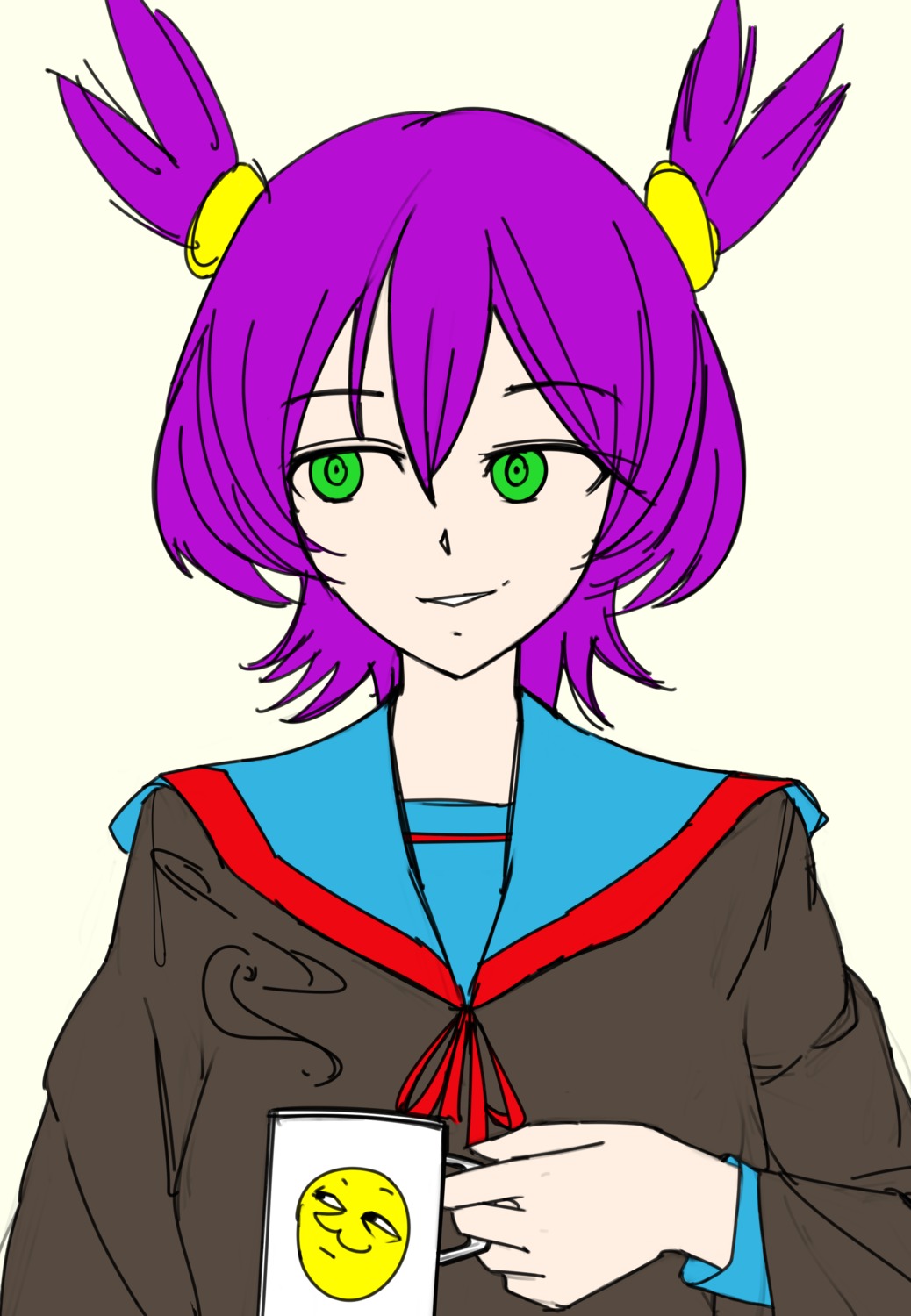 1girl colored cup green_eyes grin highres pekaface purple_hair school_uniform simple_background solo transparent_background twintails unyl-chan