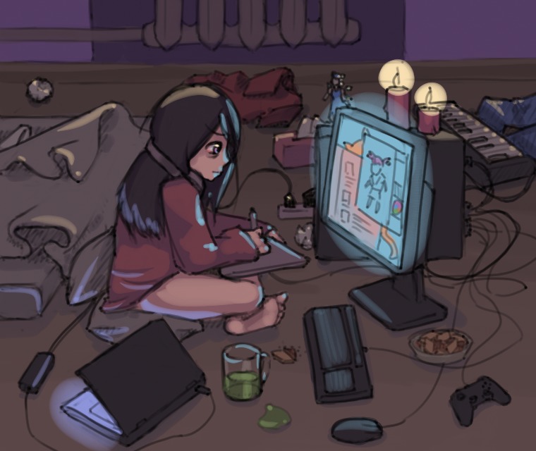 1girl barefoot bed black_hair candle cirno computer cookies cup drawing figure gamepad headphones indoors instrument keyboard keyboard_(instrument) laptop long_hair messy_room monitor sitting solo tablet touhou unyl-chan