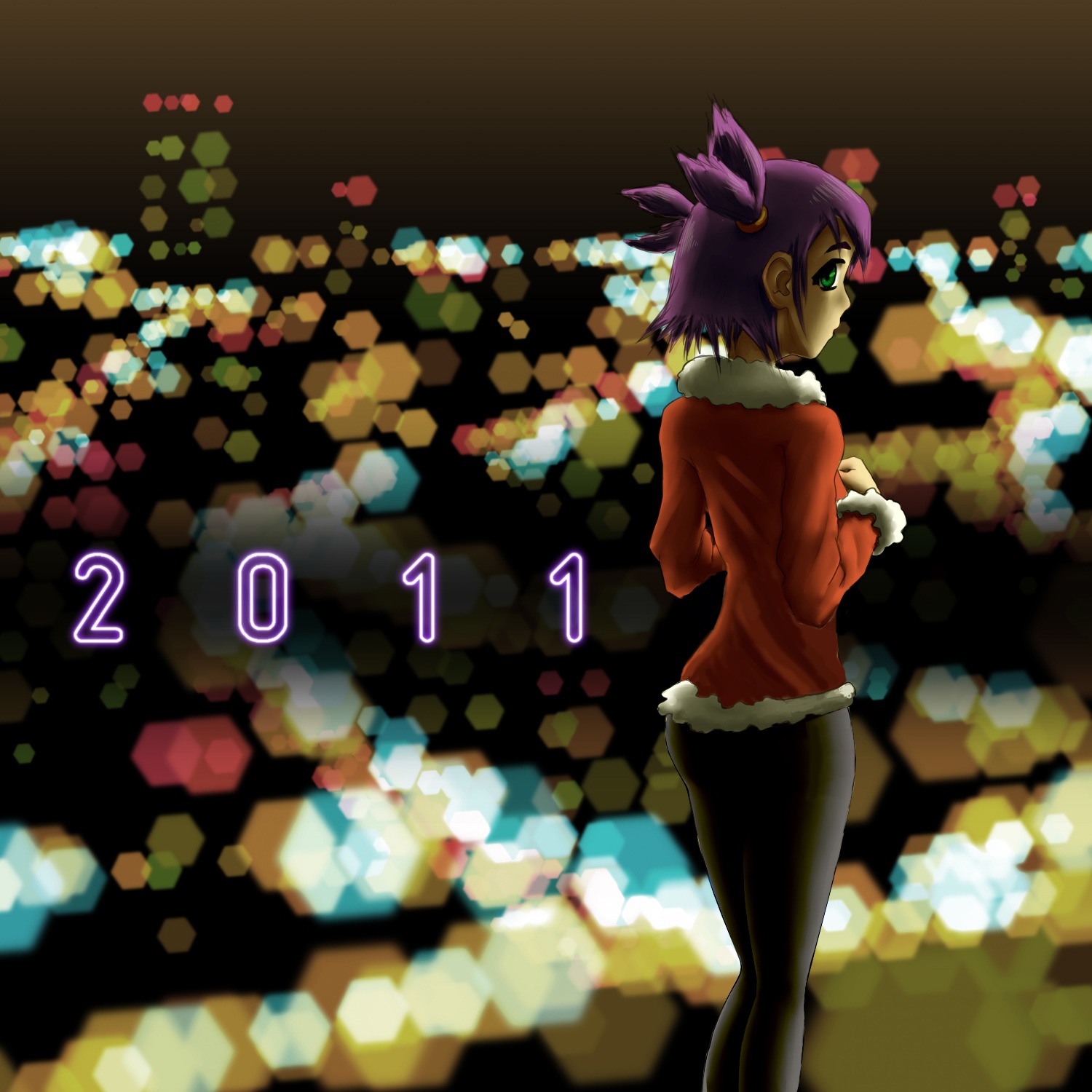 atmospheric city from_behind green_eyes new_year pantyhose purple_hair santa_costume snow twintails unyl-chan winter winter_clothes