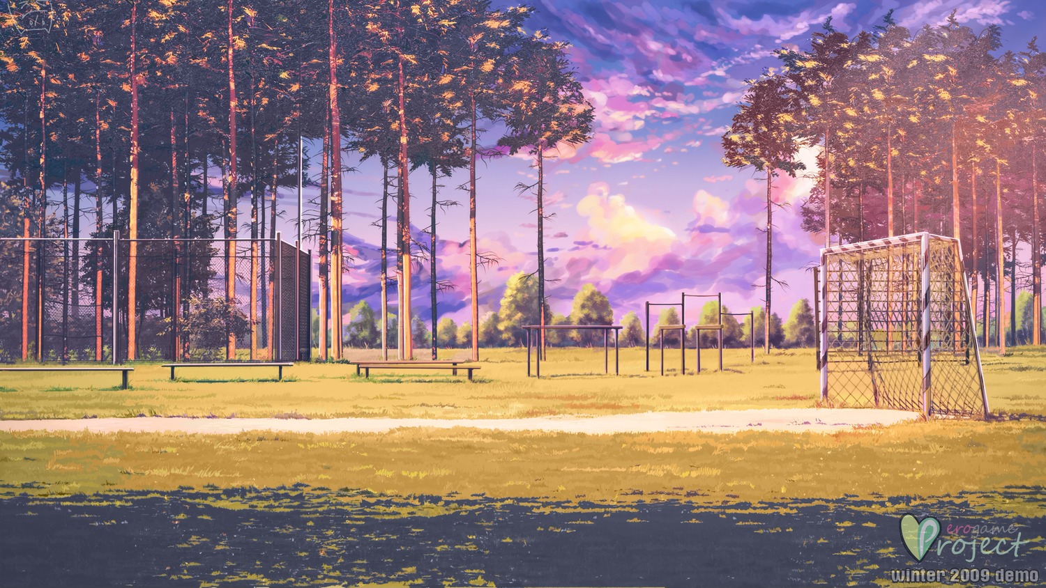 background cloud eroge grass highres no_humans outdoors playground sky soccer_field summer sunset tree twilight