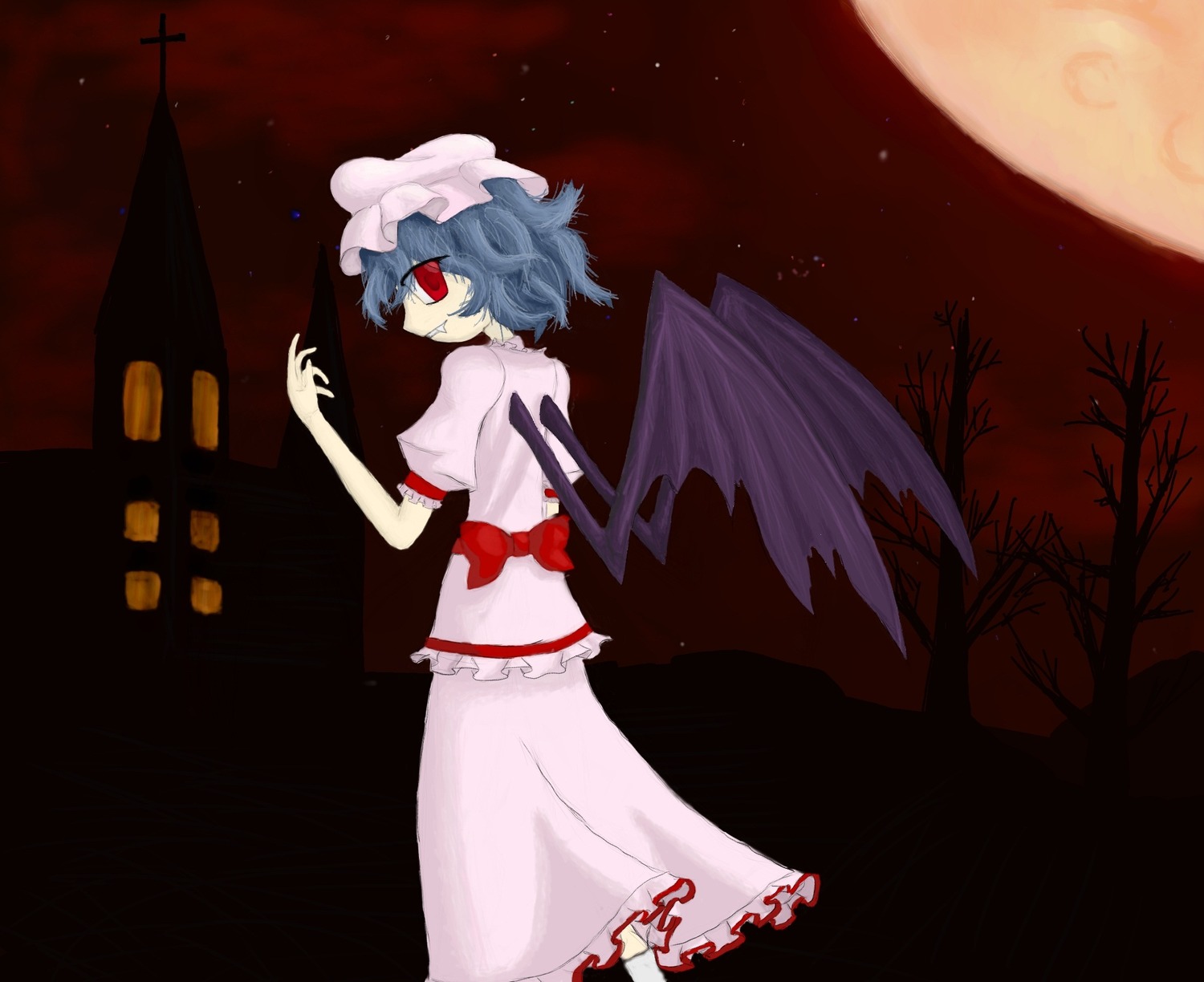 blue_hair curly_hair fang from_behind hat highres moon night outdoors red_eyes remilia_scarlet short_hair sky touhou wings