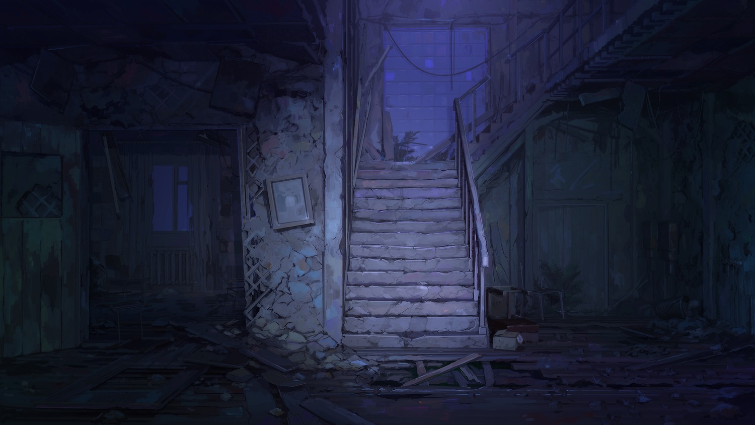 background dark eroge highres house night no_humans ruins stairs