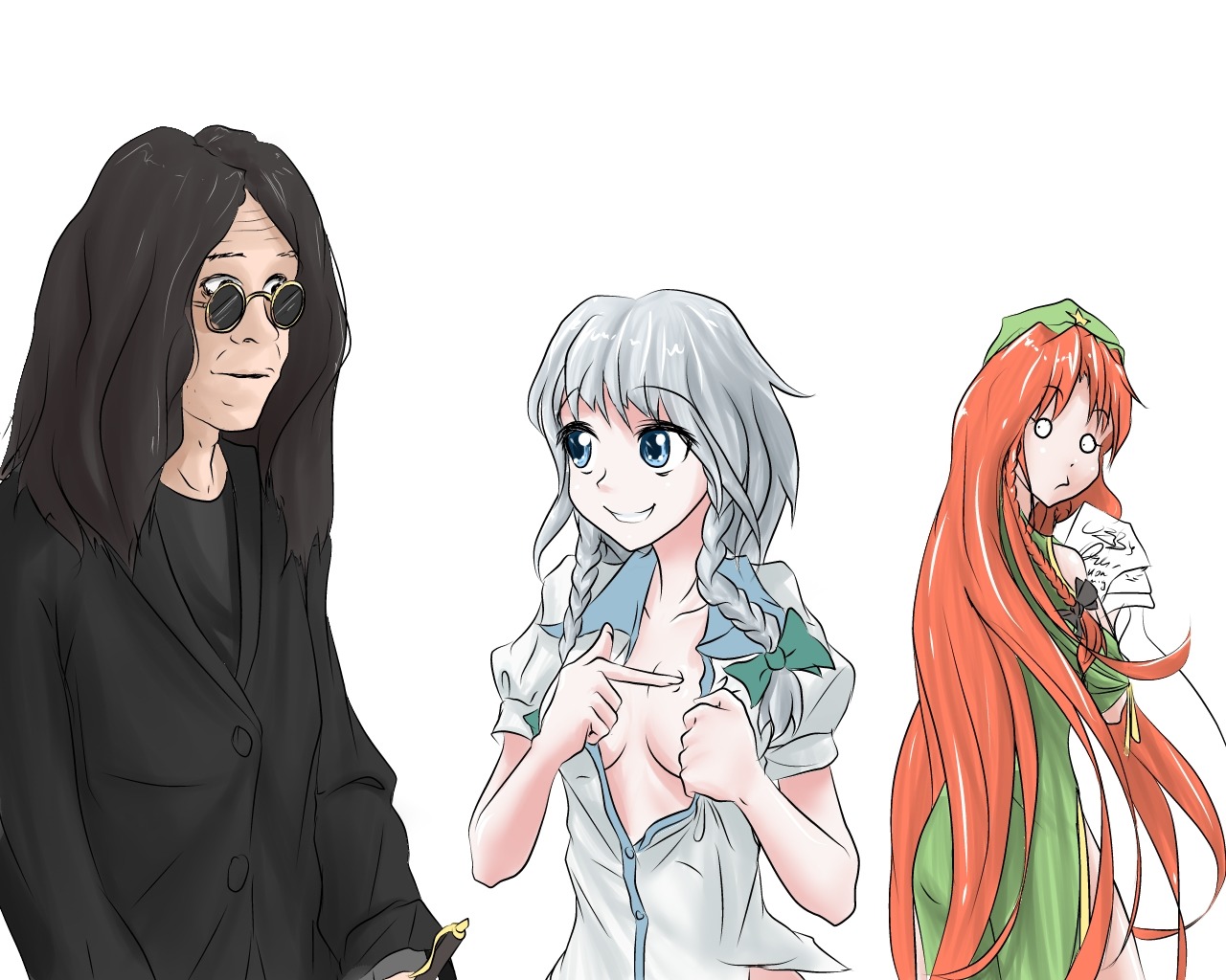 1boy 2girls beret blue_eyes braid breasts glasses grey_hair hat hater_(artist) hong_meiling izayoi_sakuya long_hair main_page ozzy_osbourne pointing real_life red_hair short_hair sign simple_background sunglasses touhou twin_braids undressing