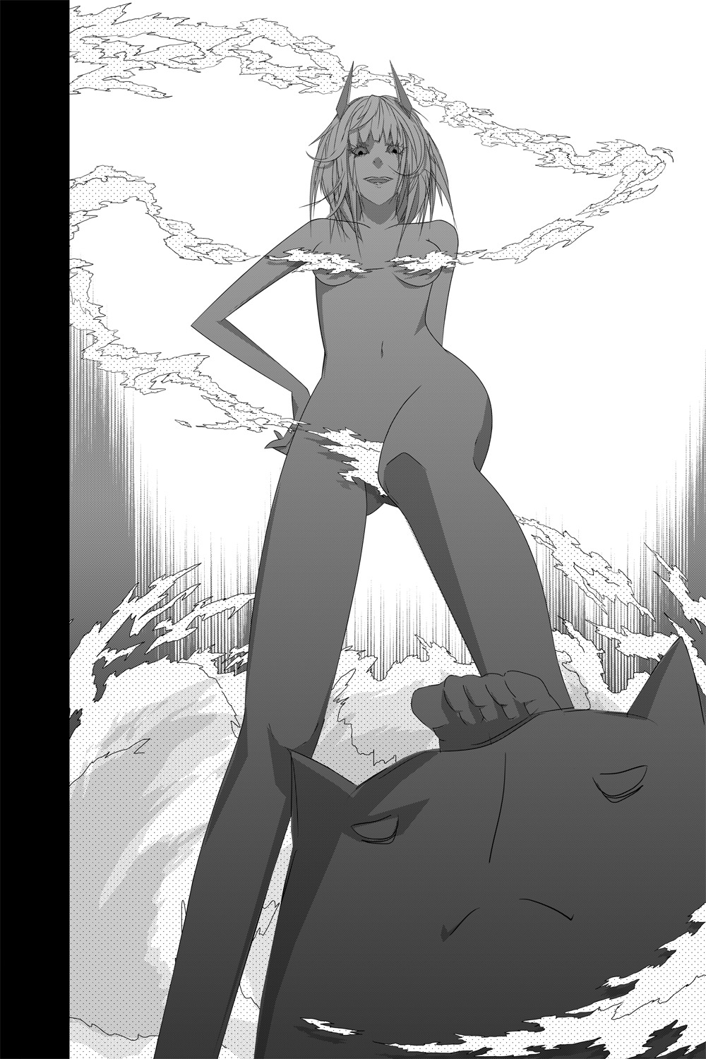 arsenixc_(artist) cat collider-sama evil_smile foot_fetish from_below hands_on_hips horns manga_page monochrome nude perspective simple_background smile smoke