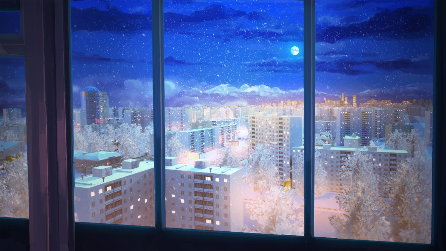 background city cityscape eroge highres house moon night no_humans sky snow tree window winter