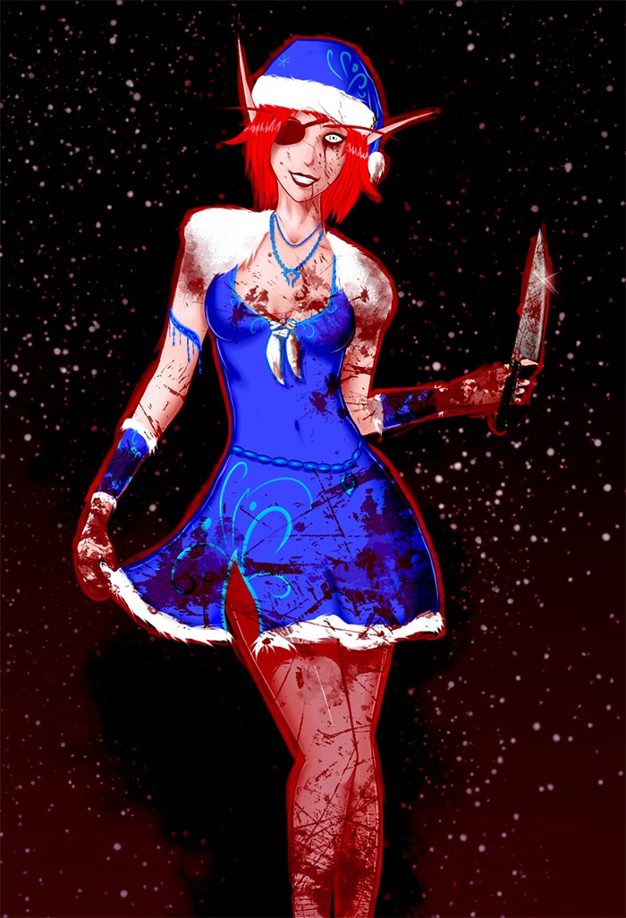 blood dress elf eye_patch green_eyes hat knife madness new_year pointy_ears red_hair warcraft weapon world_of_warcraft