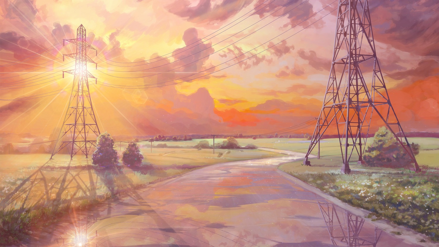 background cloud eroge grass highres no_humans outdoors power_lines road sky summer sunset wire