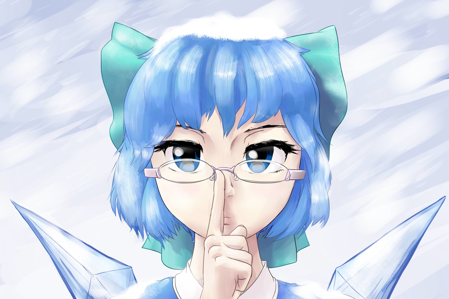 blue_eyes blue_hair bow cirno f2d_(artist) finger glasses highres outdoors short_hair snow touhou wallpaper wings winter