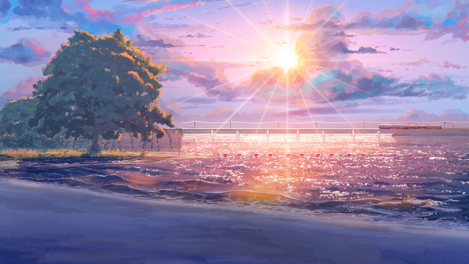 background beach cloud eroge highres landscape no_humans outdoors sand sky summer sunset tree water