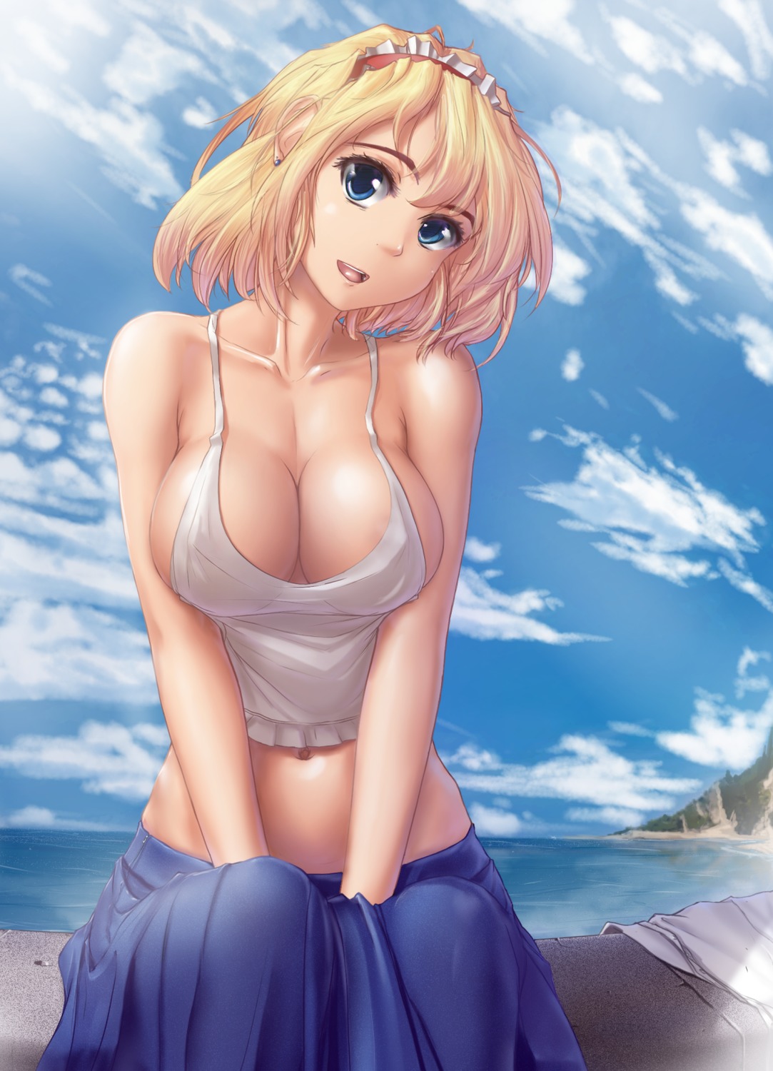 1girl alice_margatroid blonde_hair blue_eyes breasts cleavage cloud earrings hairband hater_(artist) head_tilt midriff navel open_mouth outdoors sitting skirt sky solo /to/ touhou water