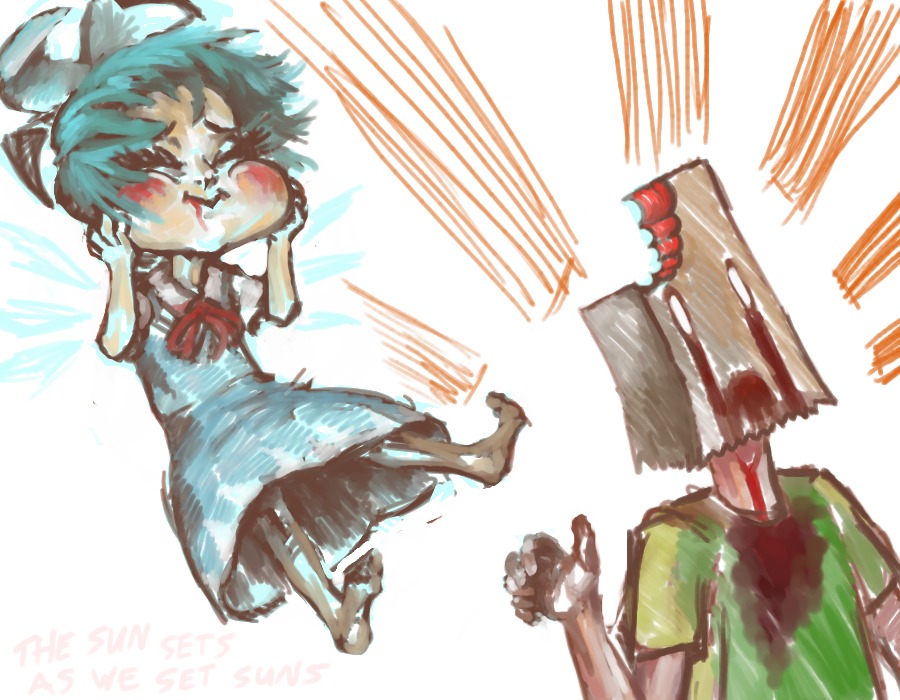 anonymous bag_on_head blood blue_hair cirno eating guro touhou