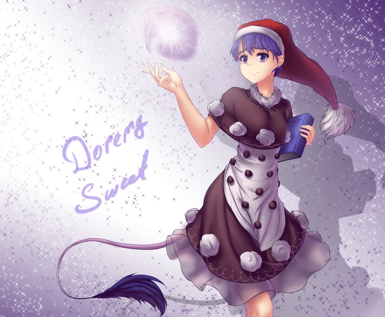 1girl blue_eyes blue_hair book doremy_sweet dress earrings hat hater_(artist) highres short_hair solo tail /to/ touhou