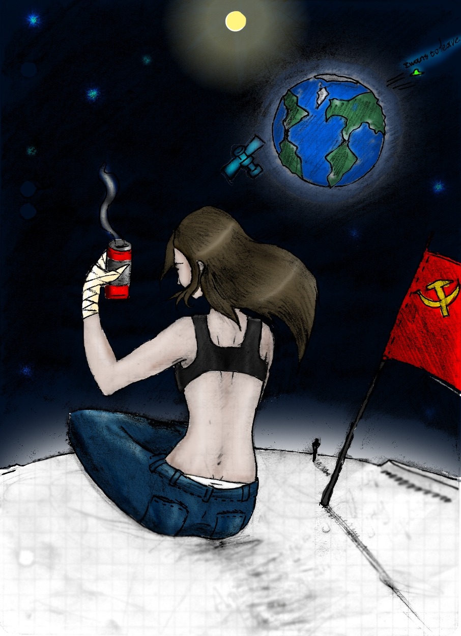 bizarre brown_hair can crop_top denim earth flag from_behind moon outdoors sitting space ufo