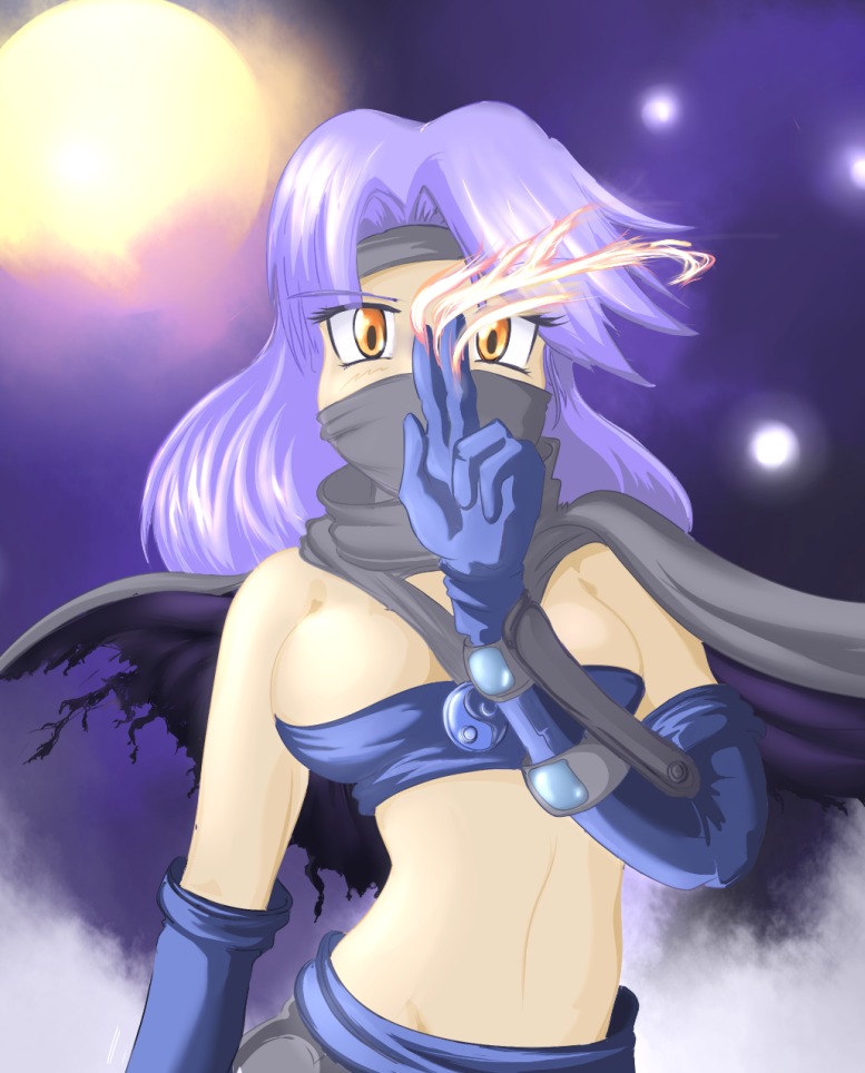 blue_hair character_request co_(artist) coat crop_top elbow_gloves fire gloves long_hair night orange_eyes tagme