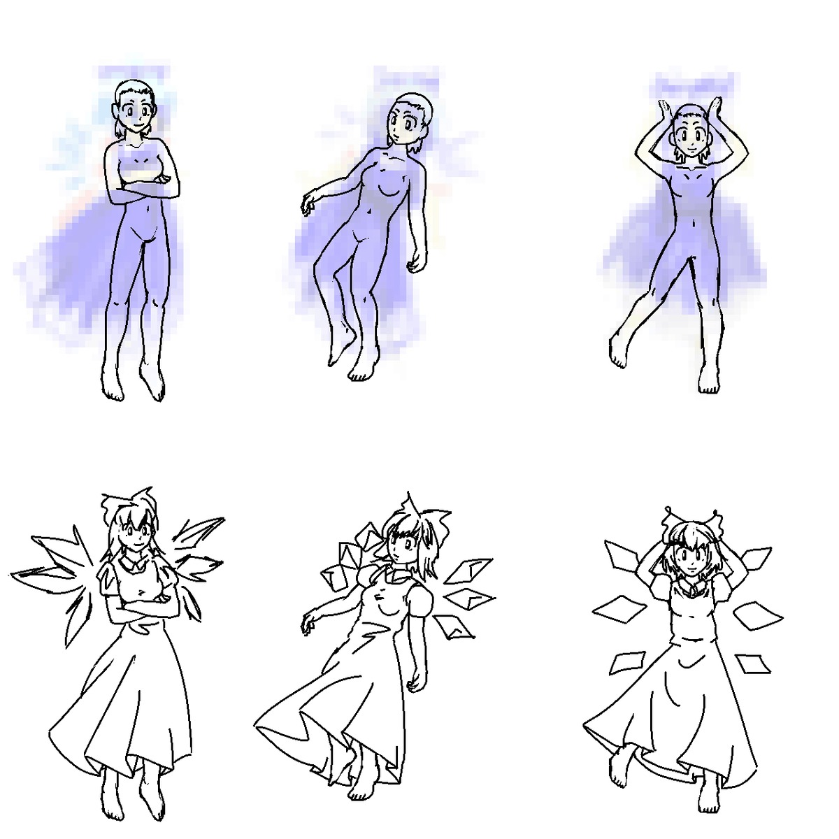 cirno f2d_(artist) game_sprite monochrome nude simple_background sprite_sheet template touhou wings
