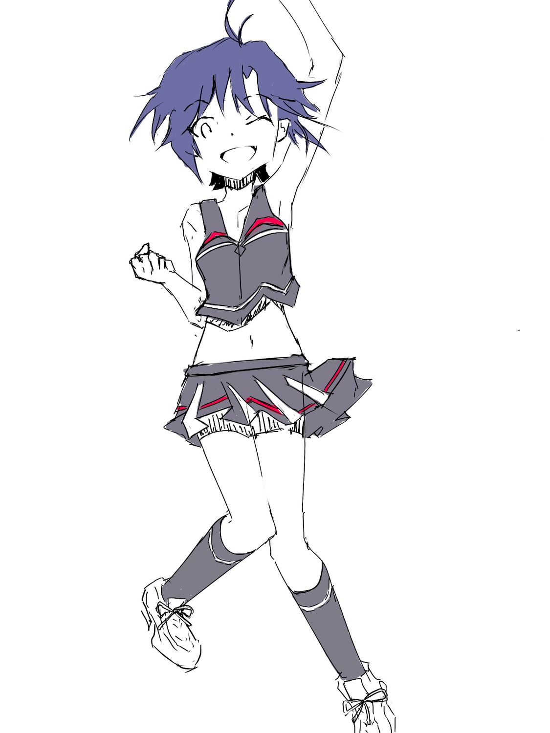 1girl blue_hair character_request cheerleader jumping kneesocks midriff navel open_mouth short_hair sketch skirt smile solo tagme wink