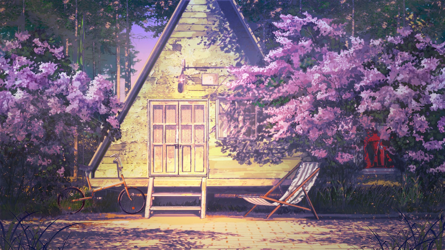 background bicycle bush chair eroge highres house lounge_chair no_humans outdoors summer sunset tree