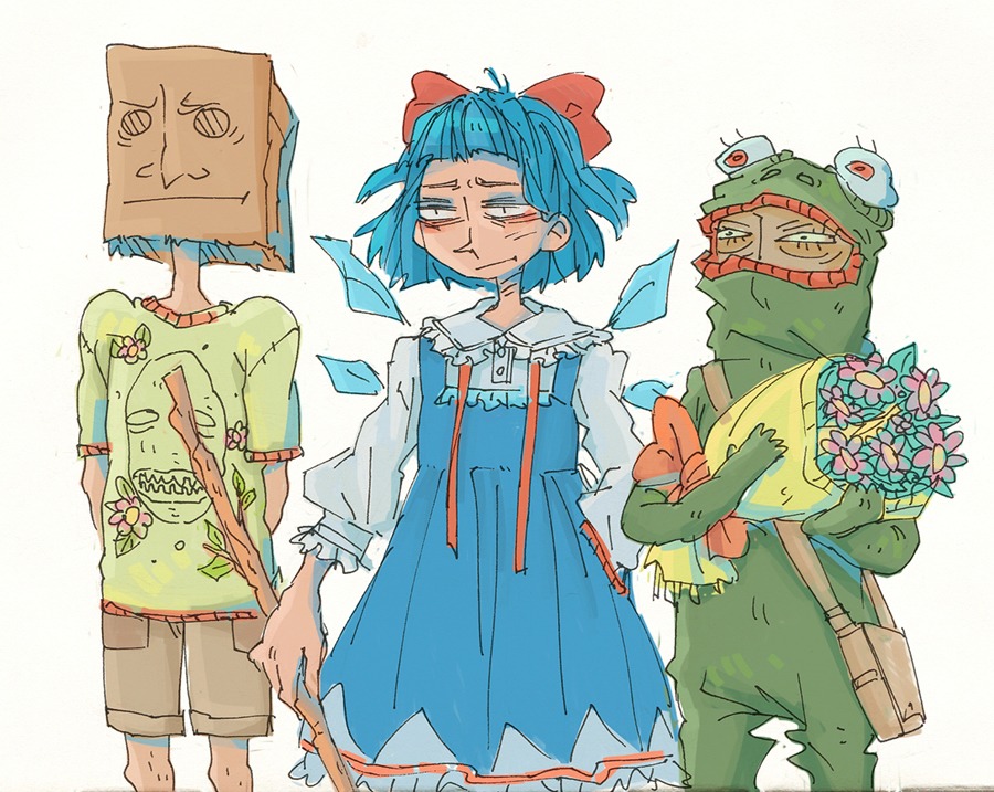 animal_costume anonymous bag bag_on_head blue_hair bow cirno dress flower frog frog_costume shirt shorts simple_background touhou t-shirt wings