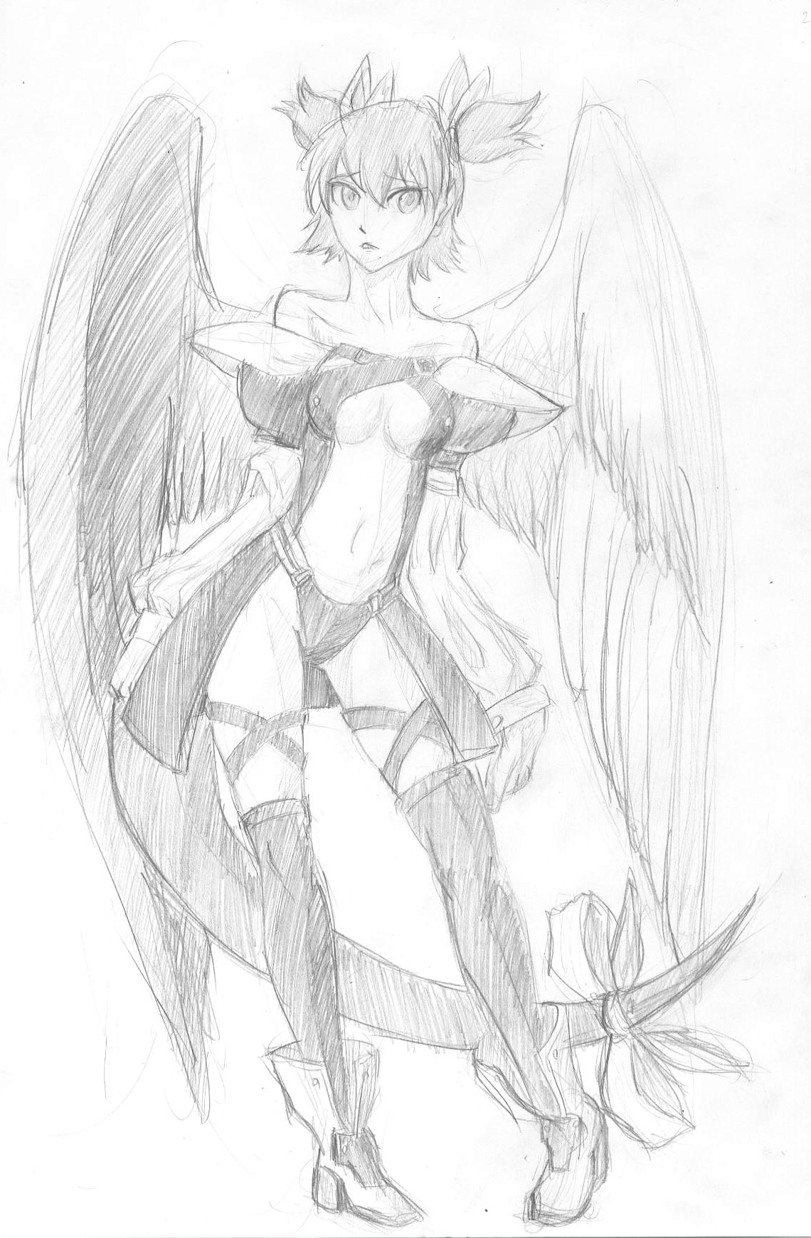 alternative_outfit breasts cosplay crossover dizzy guilty_gear monochrome sketch tail thighhighs traditional_media twintails unyl-chan wings