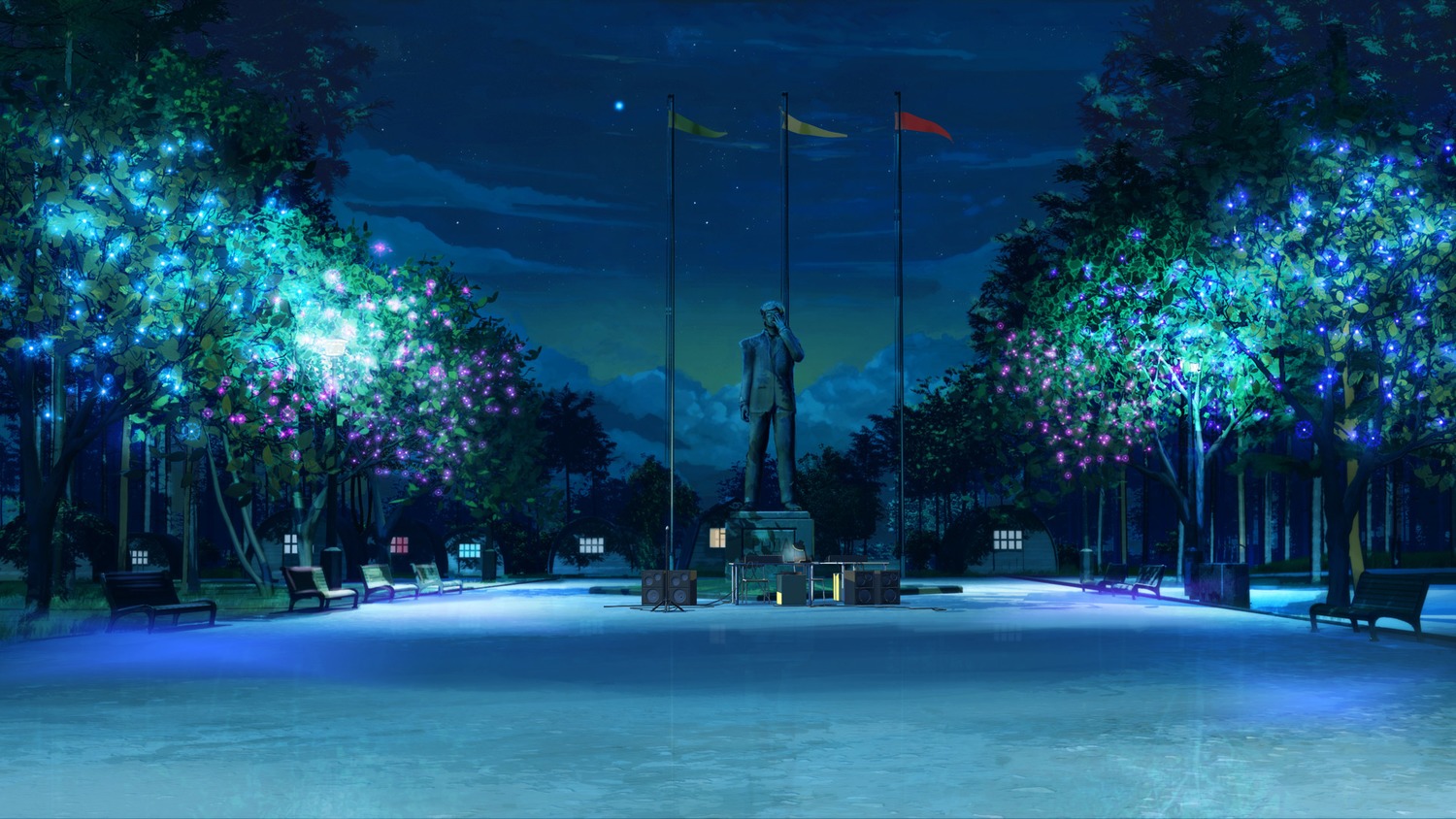 background camp eroge flag highres night no_humans outdoors sky square statue summer summer_camp tree