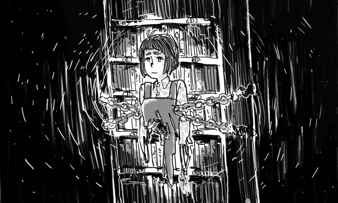 ahoge bomb-chan bomb-kun_(artist) book bookshelf chain corpse monochrome short_hair sketch