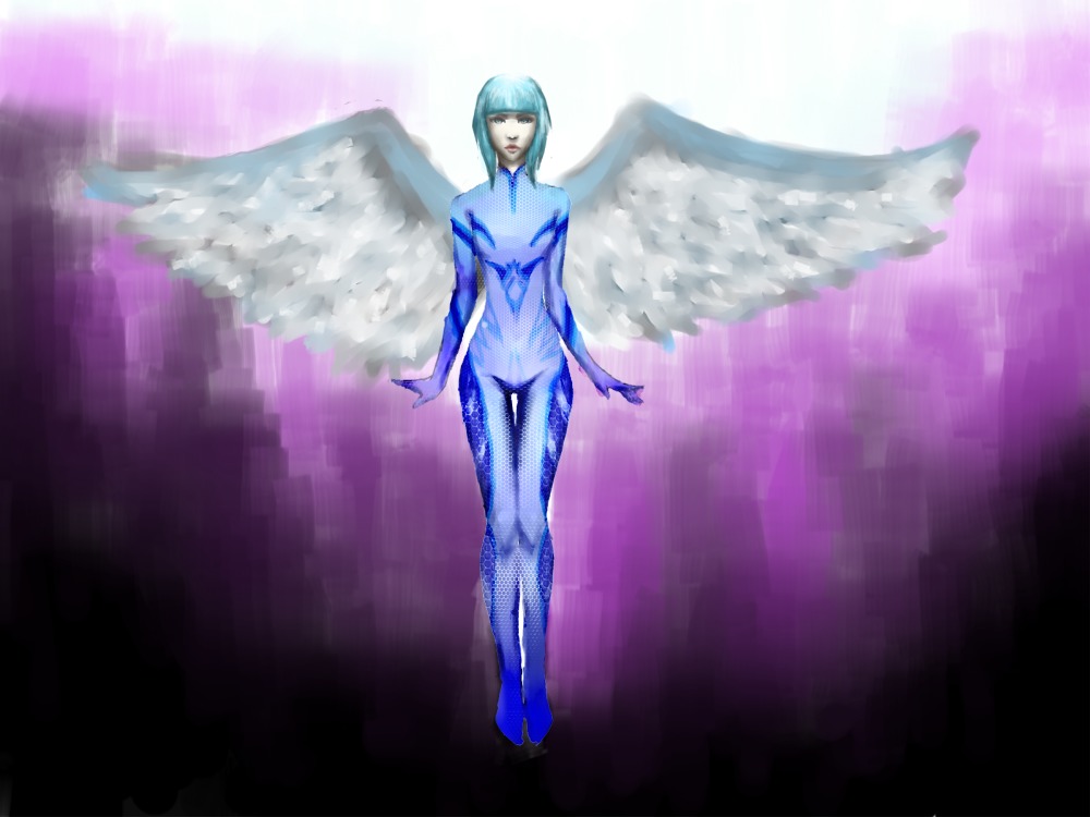 blue_hair bodysuit short_hair wings