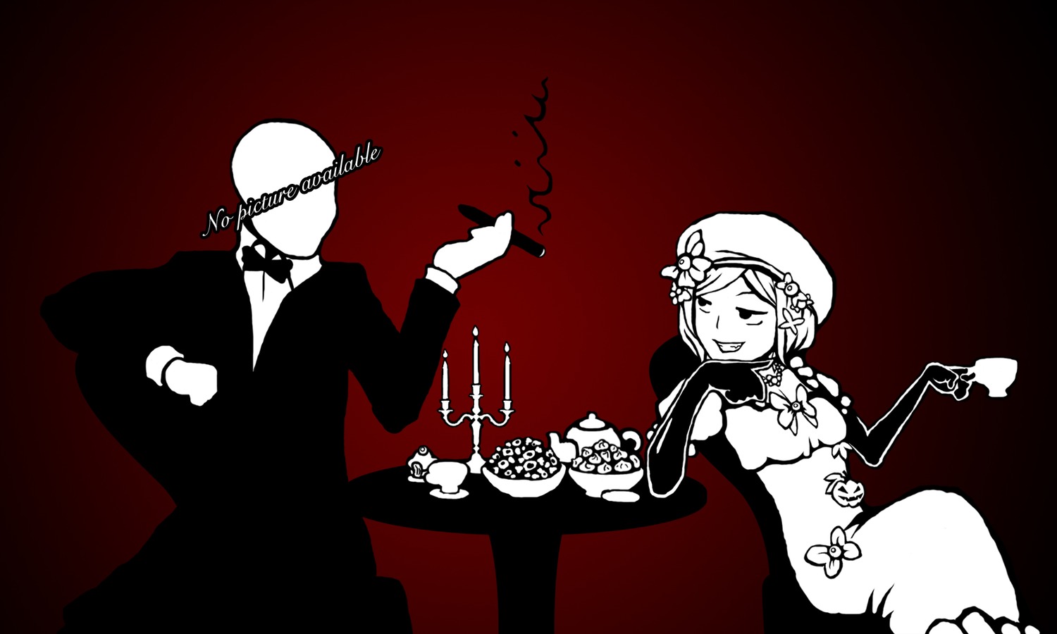 anonymous beret bow business_suit chair cigar cup dress elbow_gloves evil_smile food gloves lambdadelta marshmallow monochrome red simple_background smile smoke smoking sweets table tea teeth umineko_no_naku_koro_ni wallpaper
