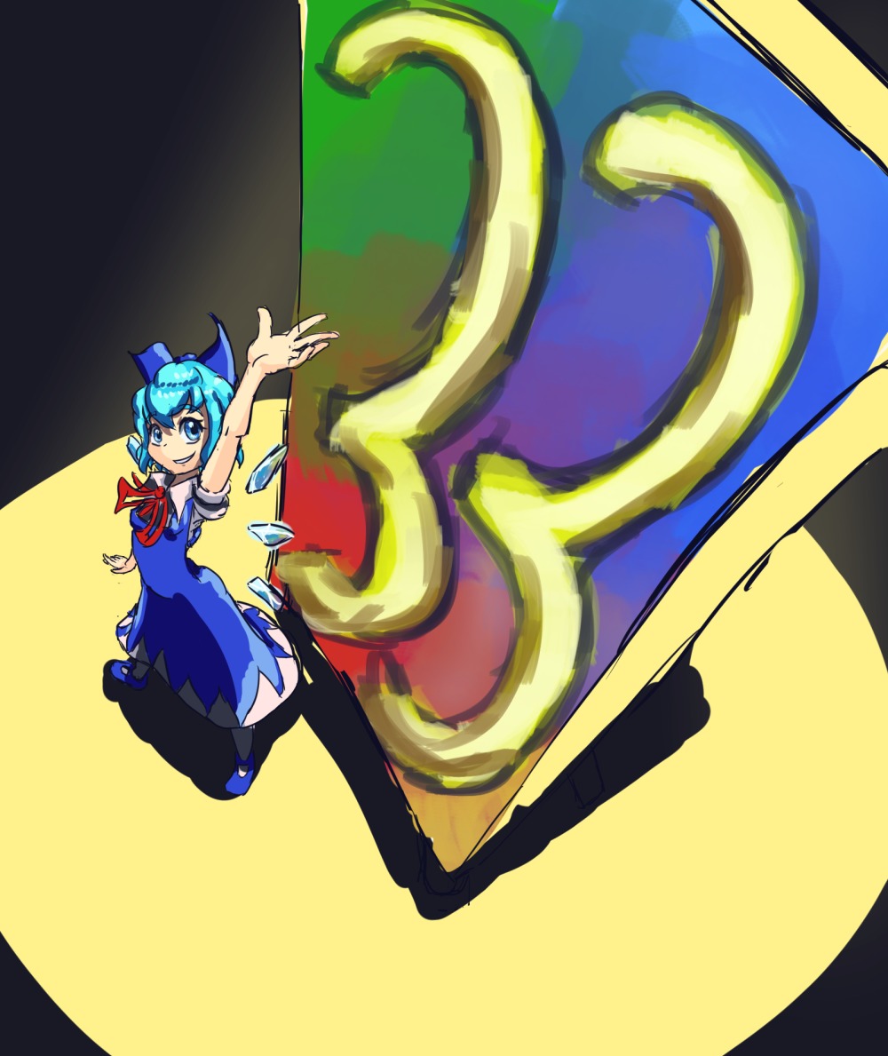 blue_eyes blue_hair bow cirno dress from_above madskillz_thread_oppic perspective short_hair touhou wings