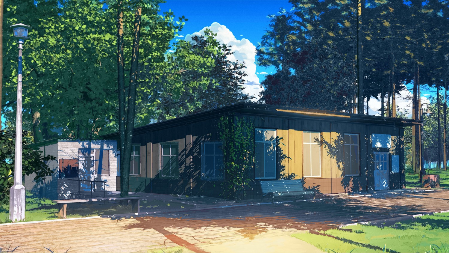 background eroge highres house no_humans outdoors sky summer tree