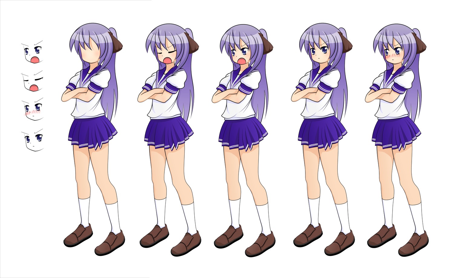 blue_eyes blush closed_eyes crossed_arms frown game_sprite hiiragi_kagami long_hair /ls/ lucky_star open_mouth purple_hair school_uniform serafuku shoes simple_background skirt socks tsundere twintails