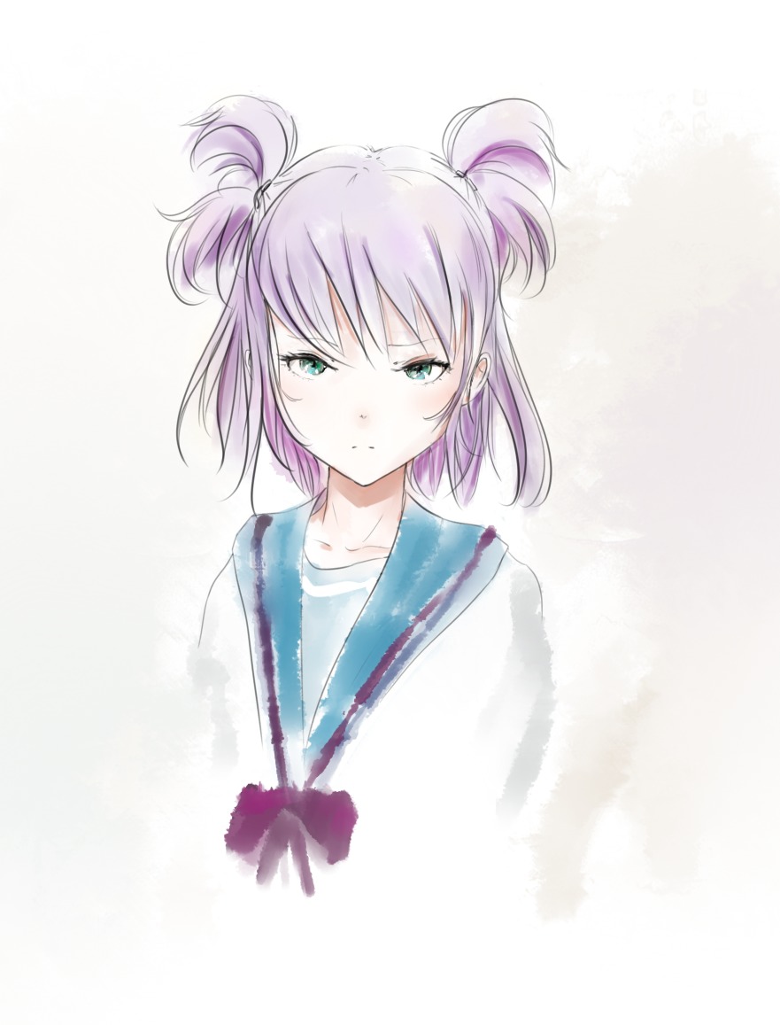 1girl aqua_eyes portrait purple_hair school_uniform serious solo twintails unyl-chan