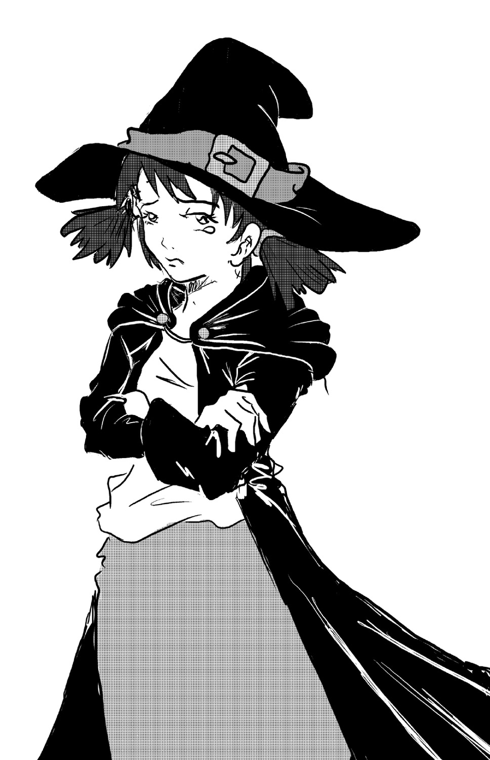 alternate_costume coat crossed_arms fantasy hat monochrome oekaki_rpg tears twintails unyl-chan unylmage witch witch_hat wizard_robe