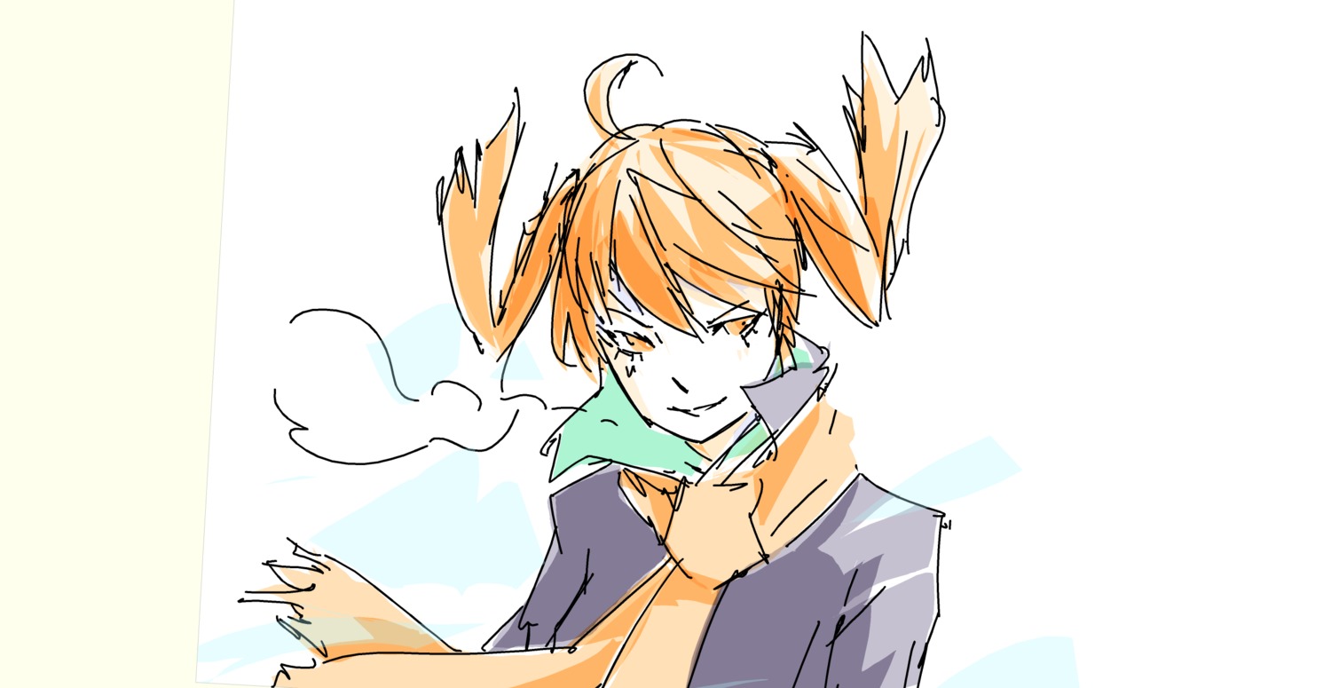 ahoge dvach-tan orange_eyes orange_hair scarf sketch twintails