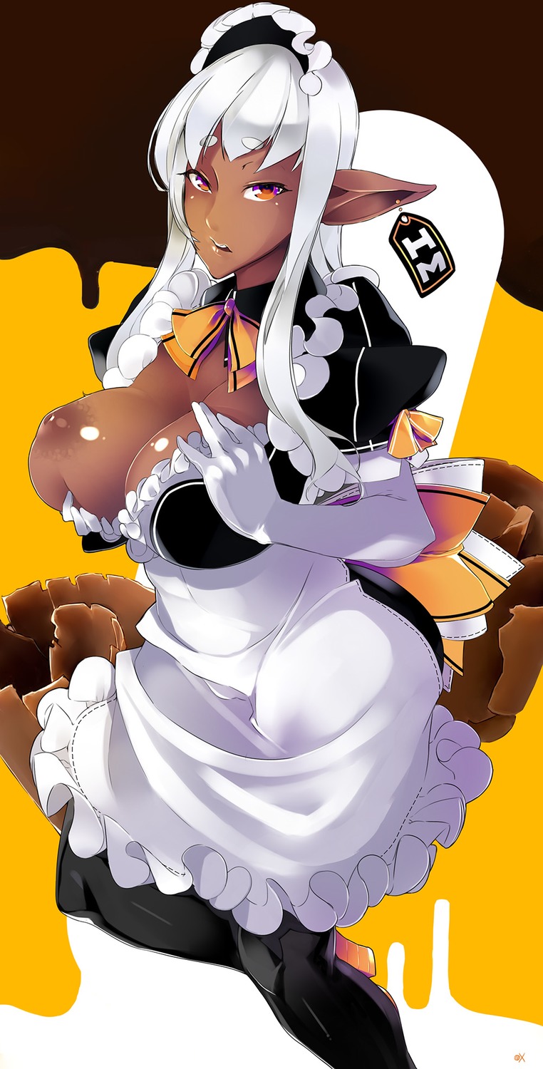 apron breast_hold breasts chocolate dark_skin dress ear_label elbow_gloves gloves maid maid_headdress maid_outfit nipples orange_eyes oxykoma_(artist) pointy_ears white_hair