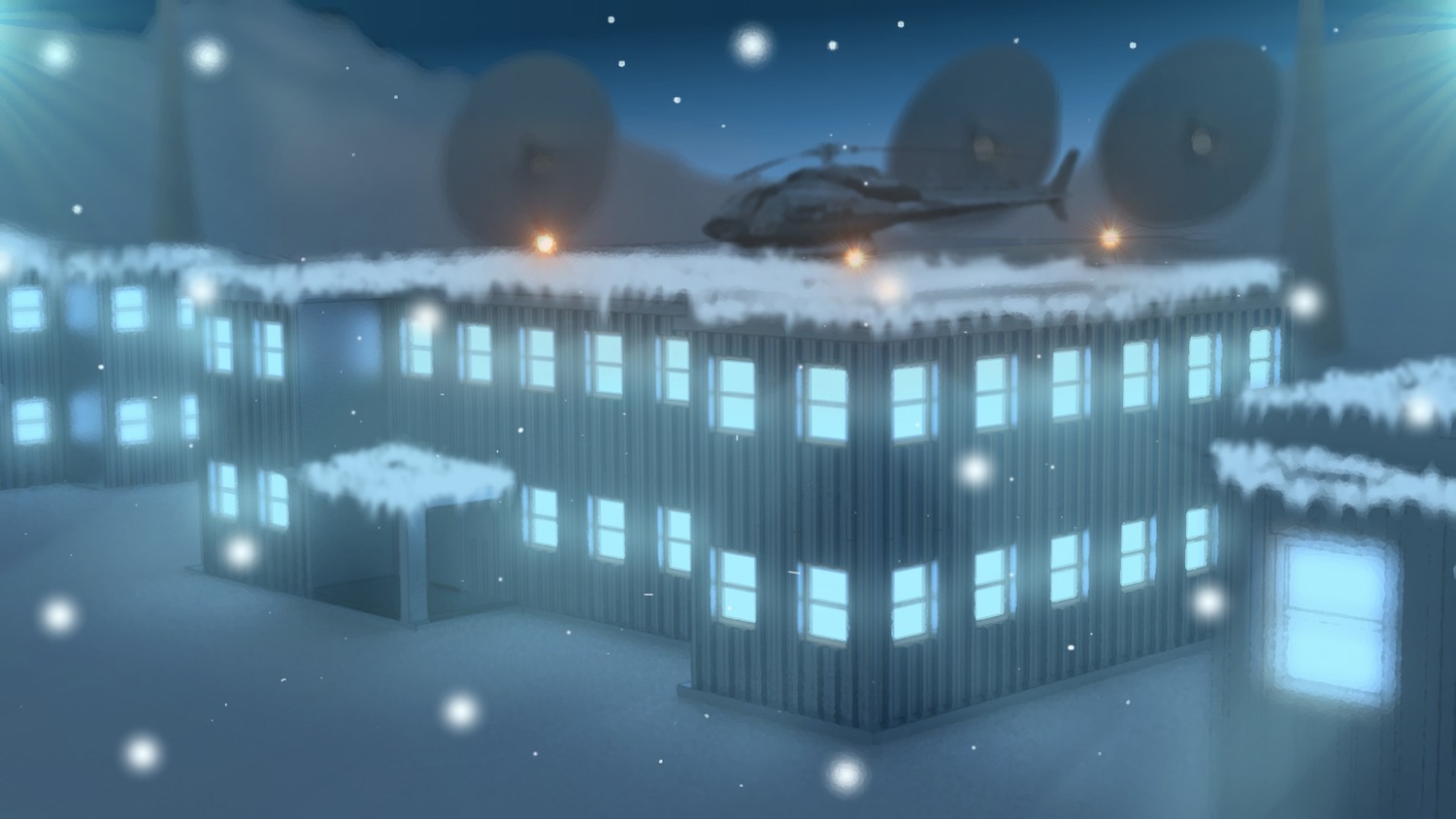 3d helicopter highres house iichan_rpg landscape night outdoors sky snow wallpaper winter