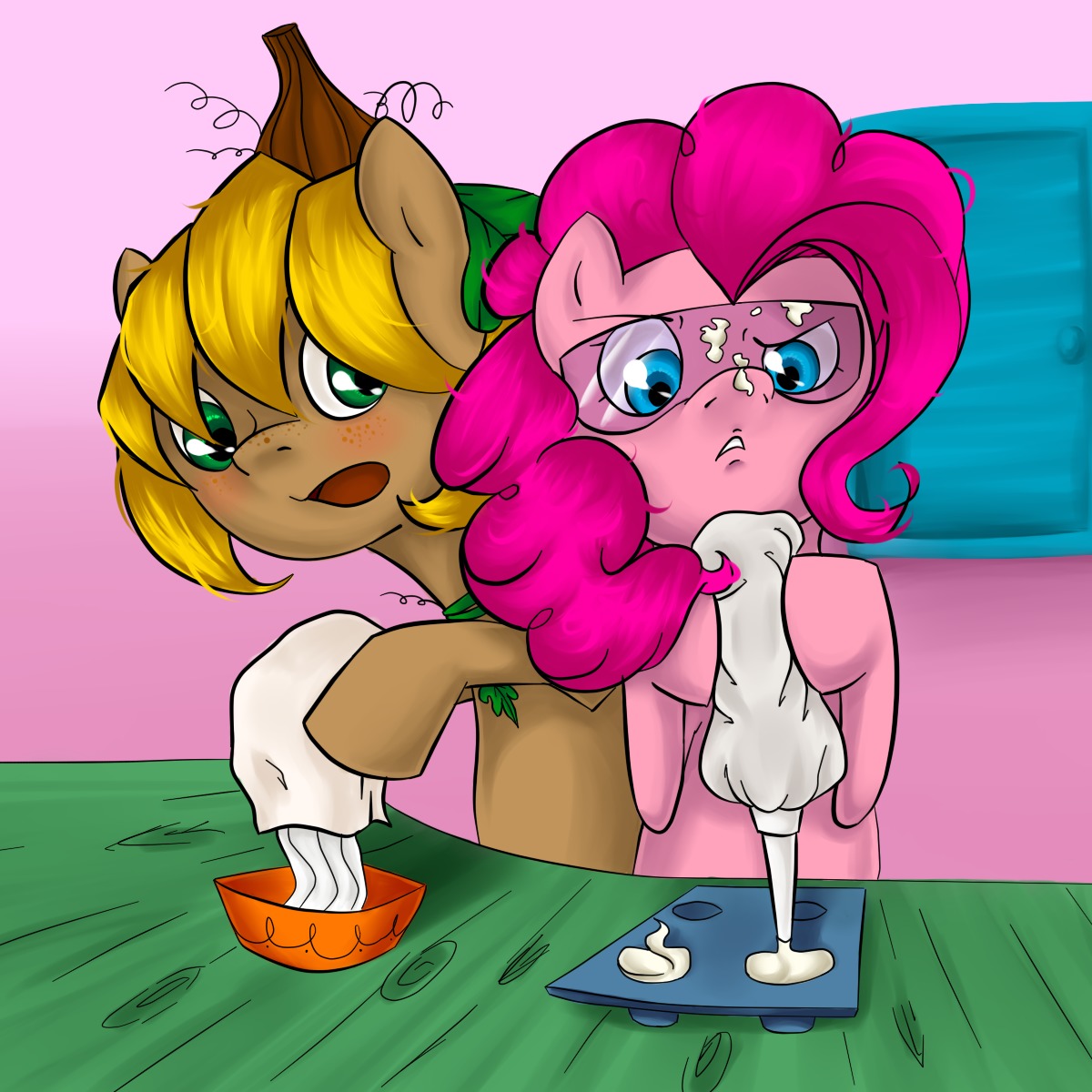 animal blue_eyes /bro/ cooking crossover green_eyes highres mare my_little_pony my_little_pony_friendship_is_magic no_humans pinkie pinkie_pie pony room