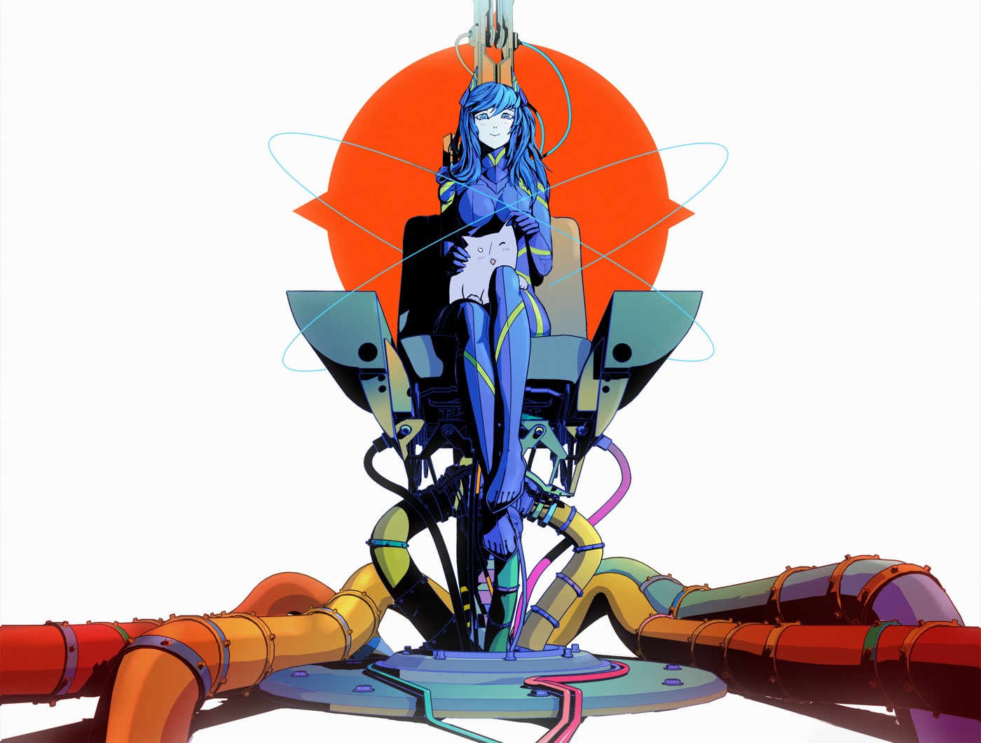 animal arsenixc_(artist) blue_eyes blue_hair bodysuit cat chair collider-sama horns long_hair sitting /tan/