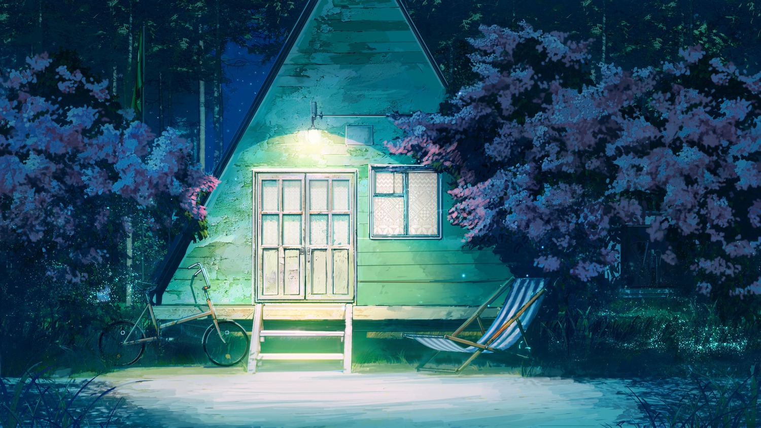 background bicycle bush chair eroge highres house lounge_chair night no_humans outdoors summer tree