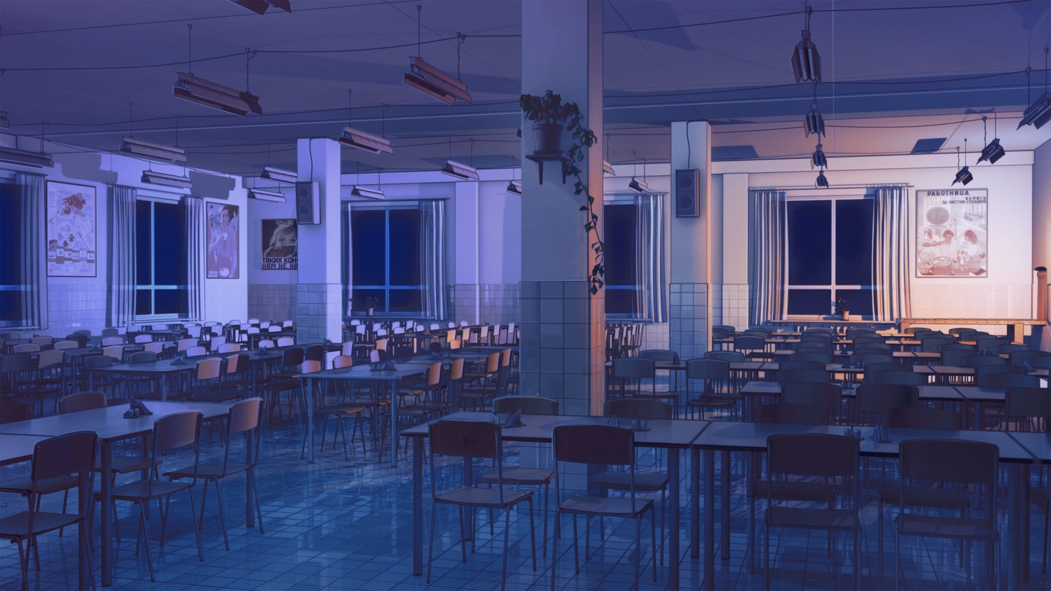 background chair dark dining_hall eroge highres no_humans poster room russian soviet table window