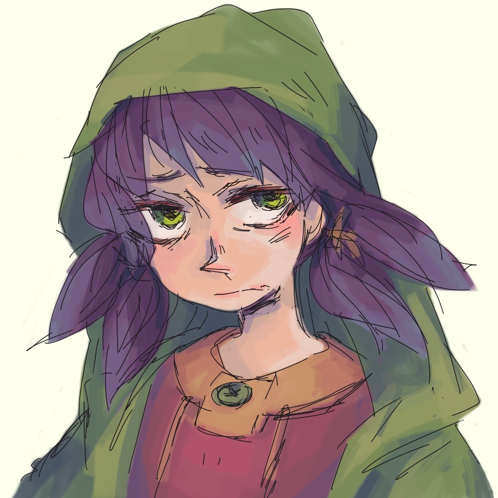 1girl green_eyes has_child_posts hood portrait purple_hair simple_background solo transparent_background twintails unyl-chan