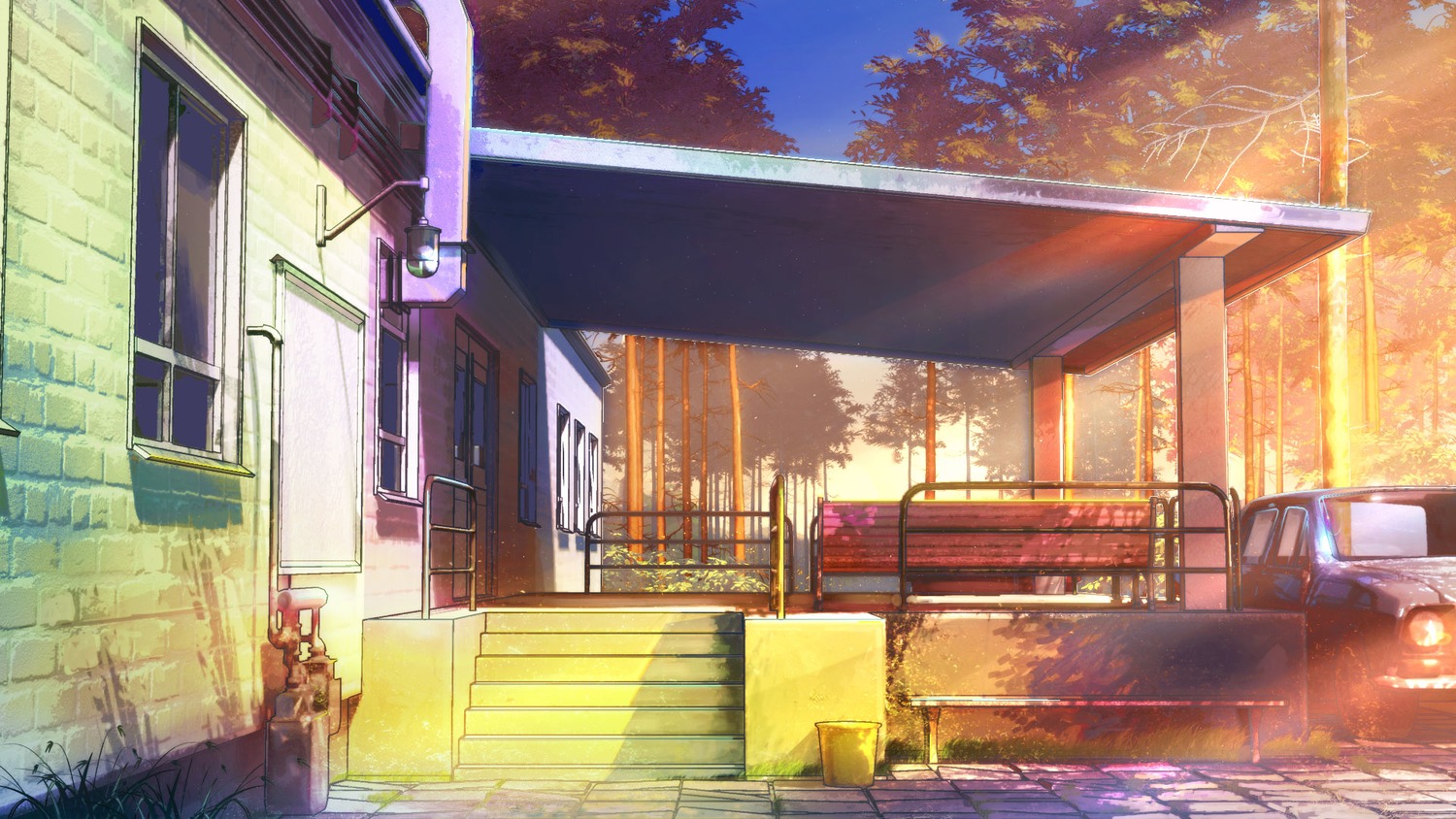 background car eroge highres house no_humans outdoors summer sunset tree