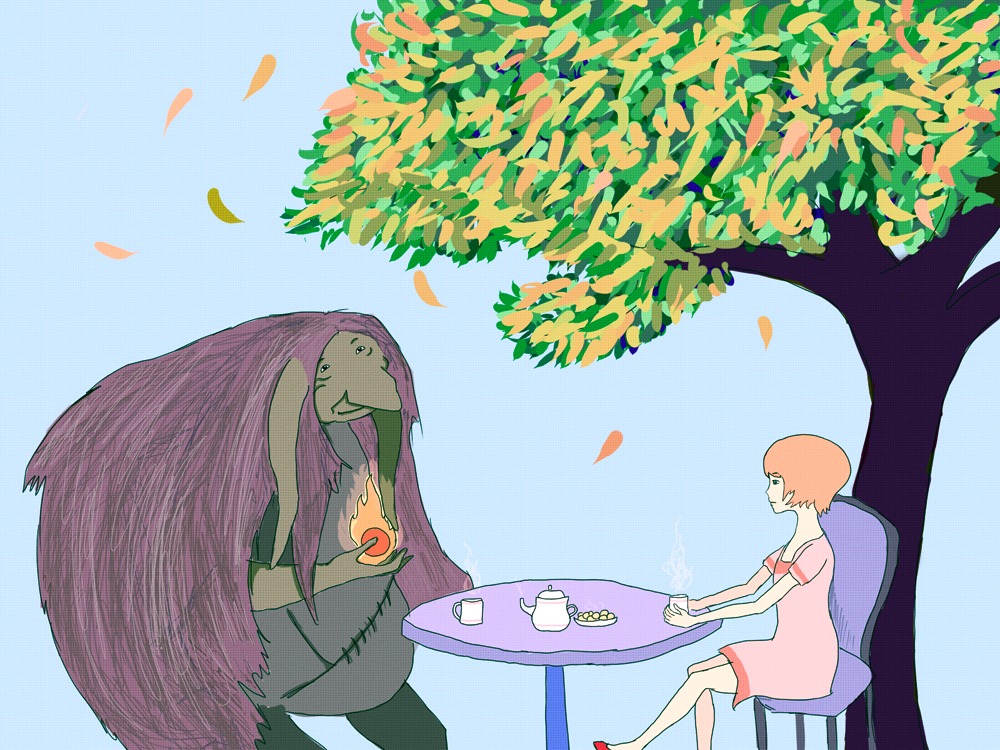 chair green_eyes momo-tan orange_hair outdoors peach_hair short_hair sitting table tea teapot tree troll