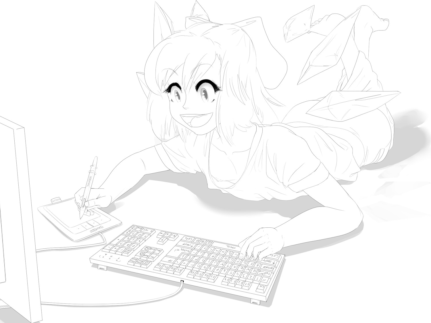 bow breasts cirno computer excited f2d_(artist) has_child_posts keyboard lineart lying monochrome short_hair tablet unfinished wings
