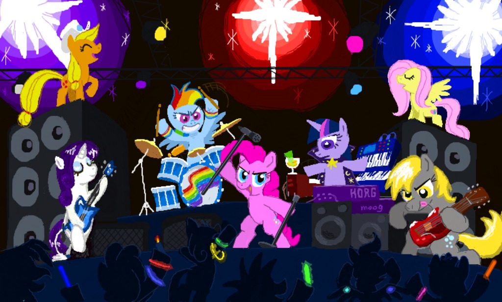 animal applejack /bro/ collective_drawing concert crowd derpy_hooves drum flockdraw fluttershy guitar horn horns instrument keyboard microphone multicolored_hair music my_little_pony no_humans oekaki pegasus pinkie_pie pony rainbow_dash rarity sketch stage twilight_sparkle unicorn wings