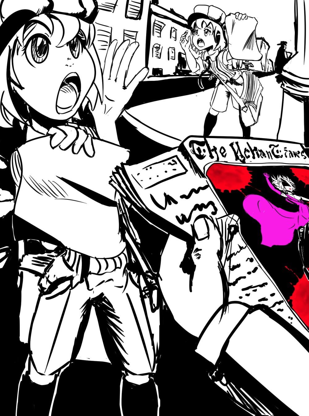 blood cirno manga_page monochrome newspaper noir parody short_hair street unyl-chan wings