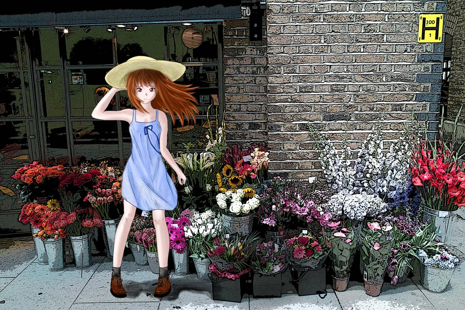 bare_shoulders brown_hair drawing_on_photo dress flower hat long_hair mod-chan photo photoshop red_eyes ribbon shoes socks sun_hat wall wind