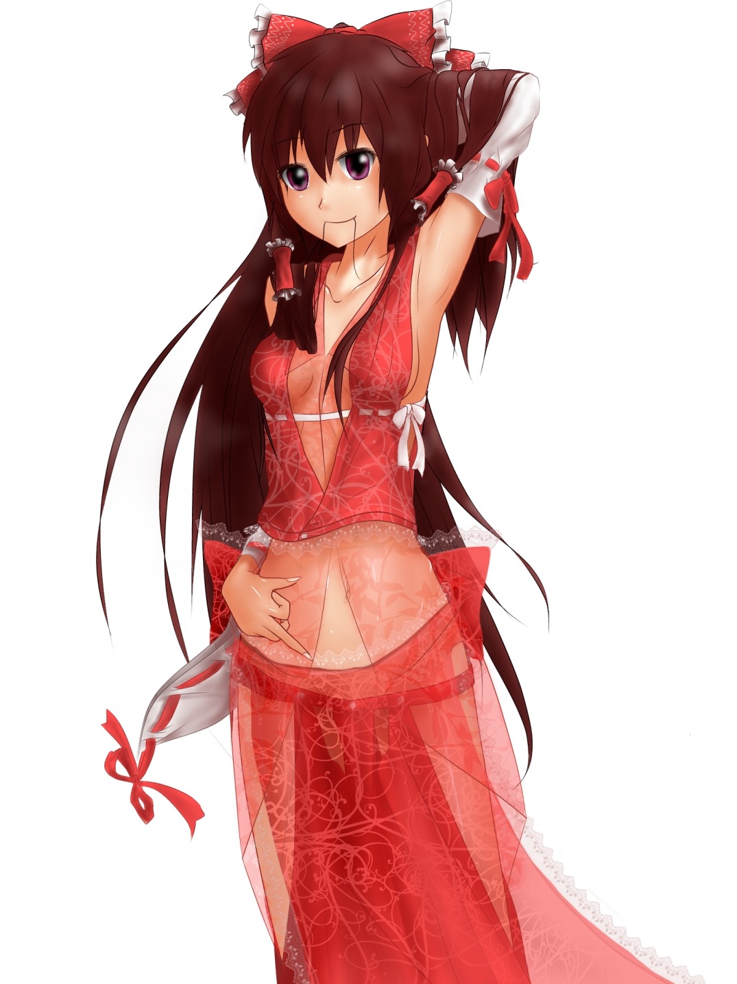 armpits bow brown_hair cleavage detached_sleeves finger hair_tubes hakurei_reimu hater_(artist) long_hair midriff mouth_hold navel pointing red_eyes simple_background /to/ touhou transparent_clothes