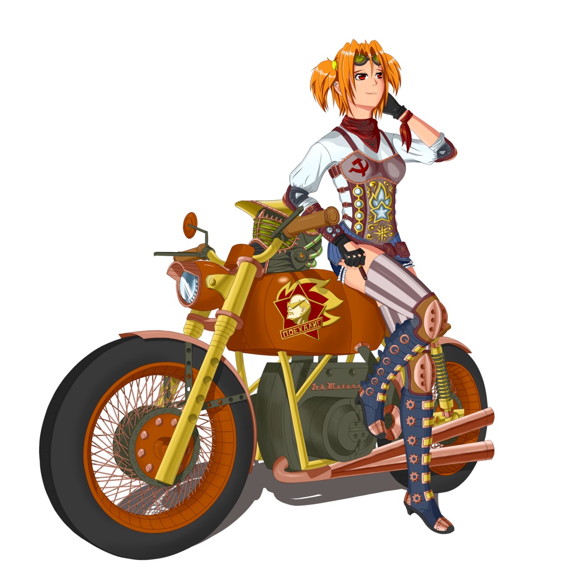 alternative_outfit boots cigar corset dieselpunk dvach-tan fingerless_gloves gloves goggles highres orange_hair red_eyes simple_background soviet twintails