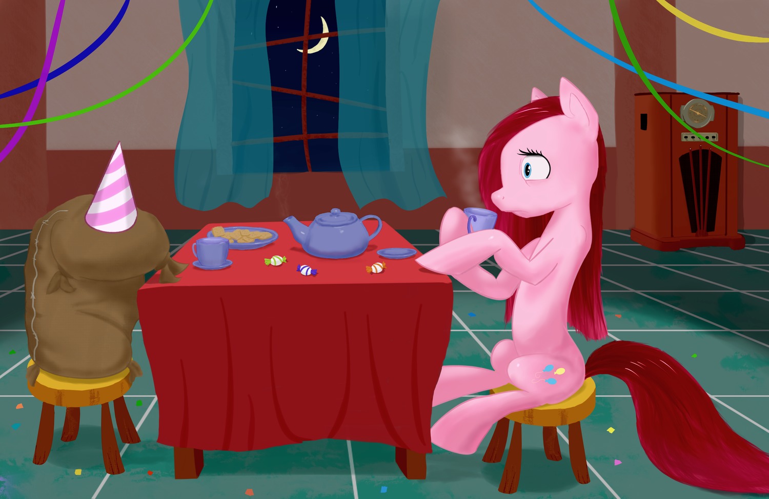 animal /bro/ cup highres mare my_little_pony my_little_pony_friendship_is_magic no_humans party pinkamina pinkamina_diane_pie pinkie pinkie_pie pony room sad sitting table teapot window